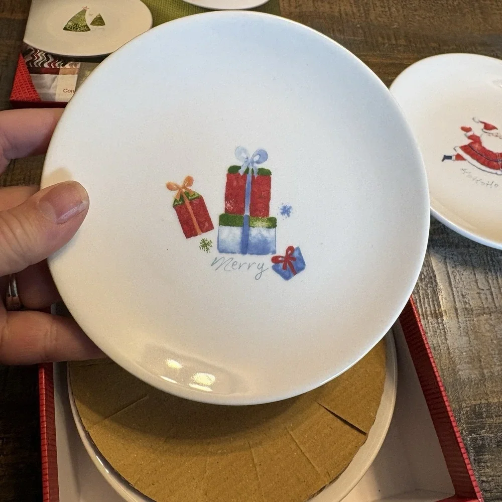 Pier 1 Imports Holiday Appetizer Plates Set Four Christmas Santa Snowman